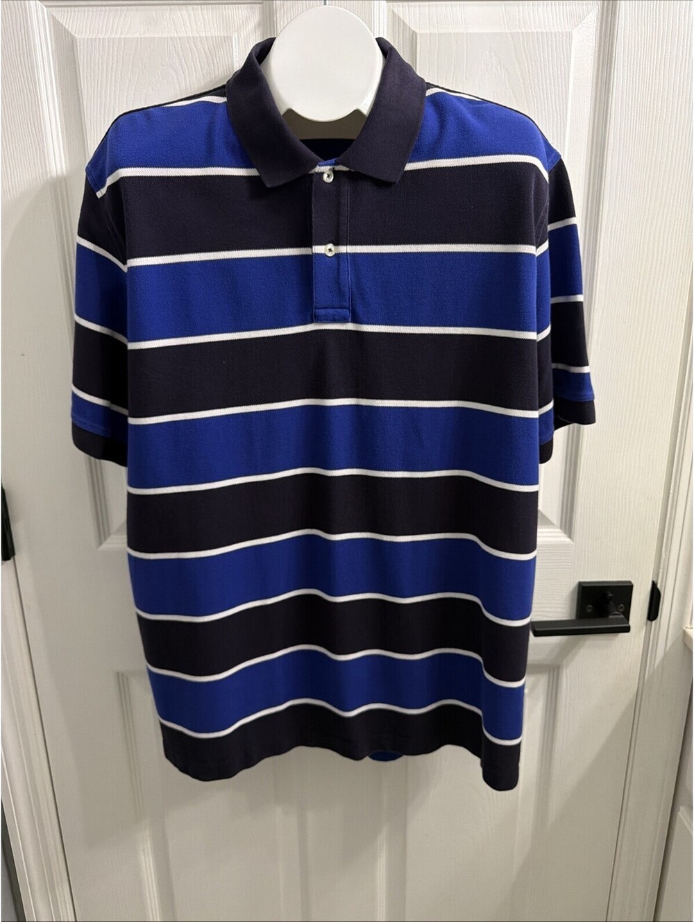 Lands End Polo Shirt Men's XL Blue White Striped Short Sleeve Traditional Fit